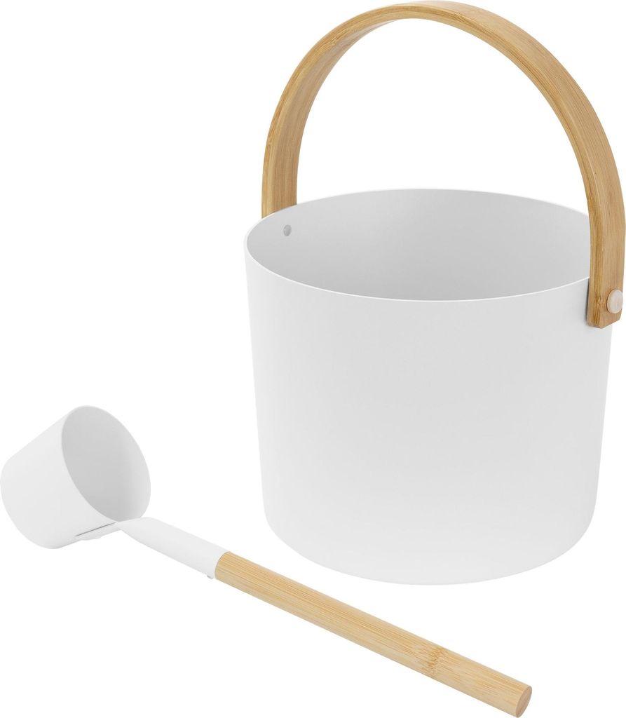 LuxeBath Saunazubehör-Set aus Aluminium & Bambus Weiß 2-tlg Sauna Set 6L Aufgusskübel mit klappbare Griff & Schöpfkelle mit Schöpflöffel Saun...