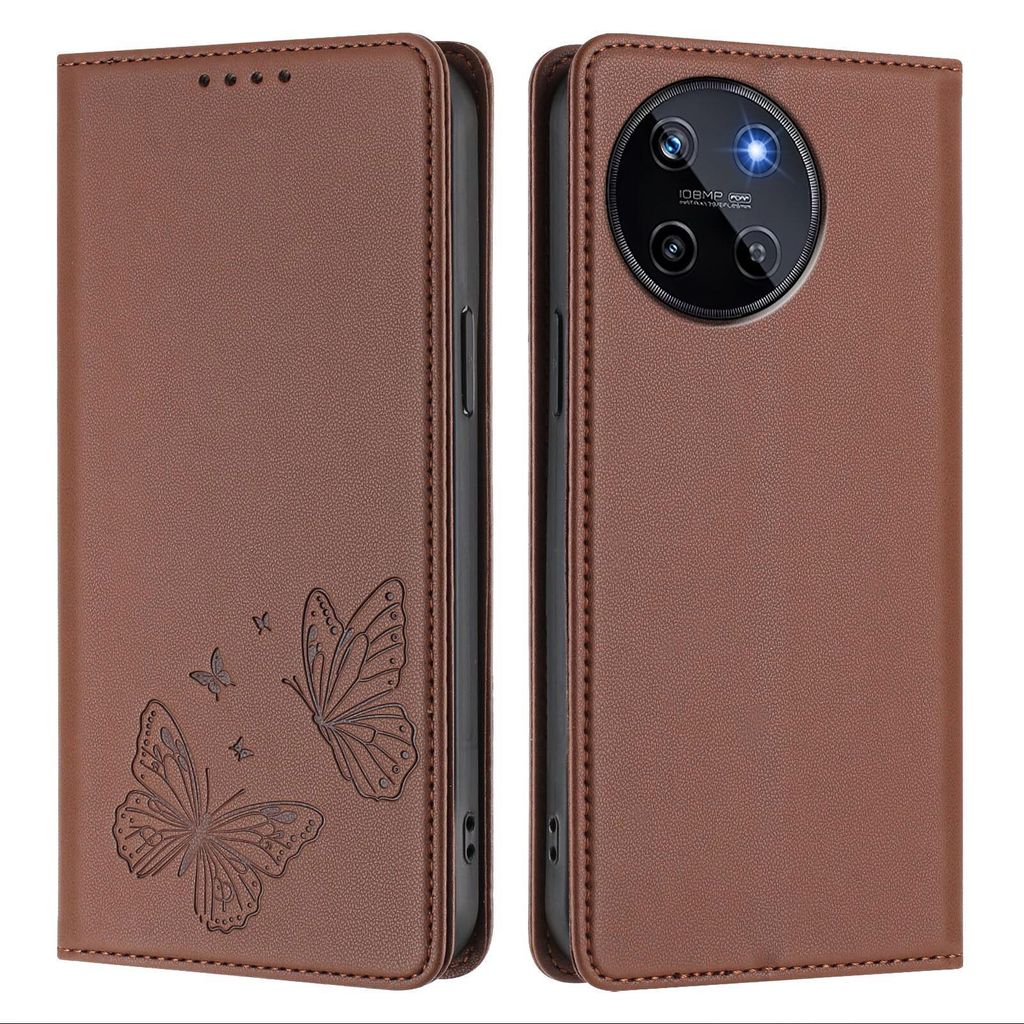 Lederhülle für Realme 11 4G, Schmetterling Prägung Leder Brieftasche Schutzhülle mit Ständer Braun