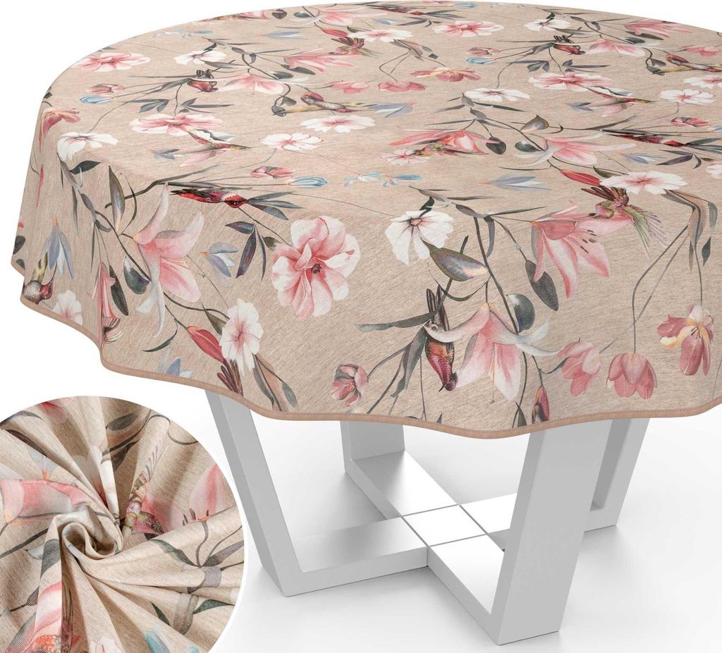 Tischdecke Cosmea Rosa Kolibri aus Textil mit Blumen Pflanzen wasserabweisend Tischtuch Tischwäsche Aquarell Beige Rund 140cm mit Paspelband
