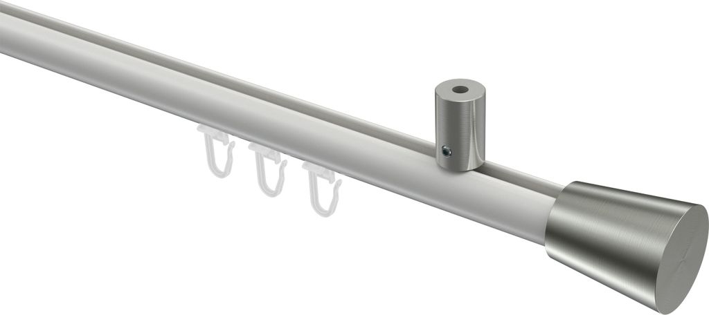 Interdeco Innenlaufstange / Gardinenstange mit Innenlauf Weiß / Edelstahl-Optik, Typ Sonius Sitra (Konus) Deckenmontage, 20 mm Ø 1-läufig, 200 cm