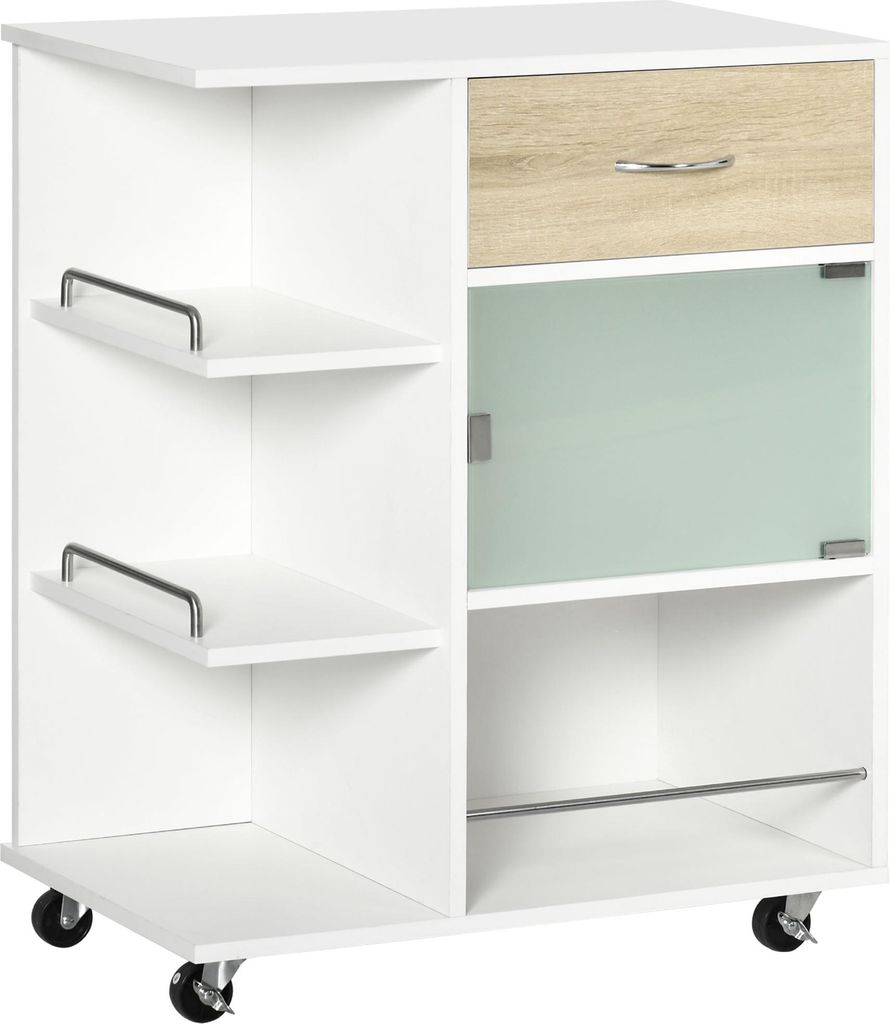 HOMCOM Küchenwagen, Servierwagen, 360° drehbare Rollen, Ablagen mit Trennwänden, Kücheninsel, mit Schublade, Ablagen, Schrank, 65 x 39 x 80 cm,...