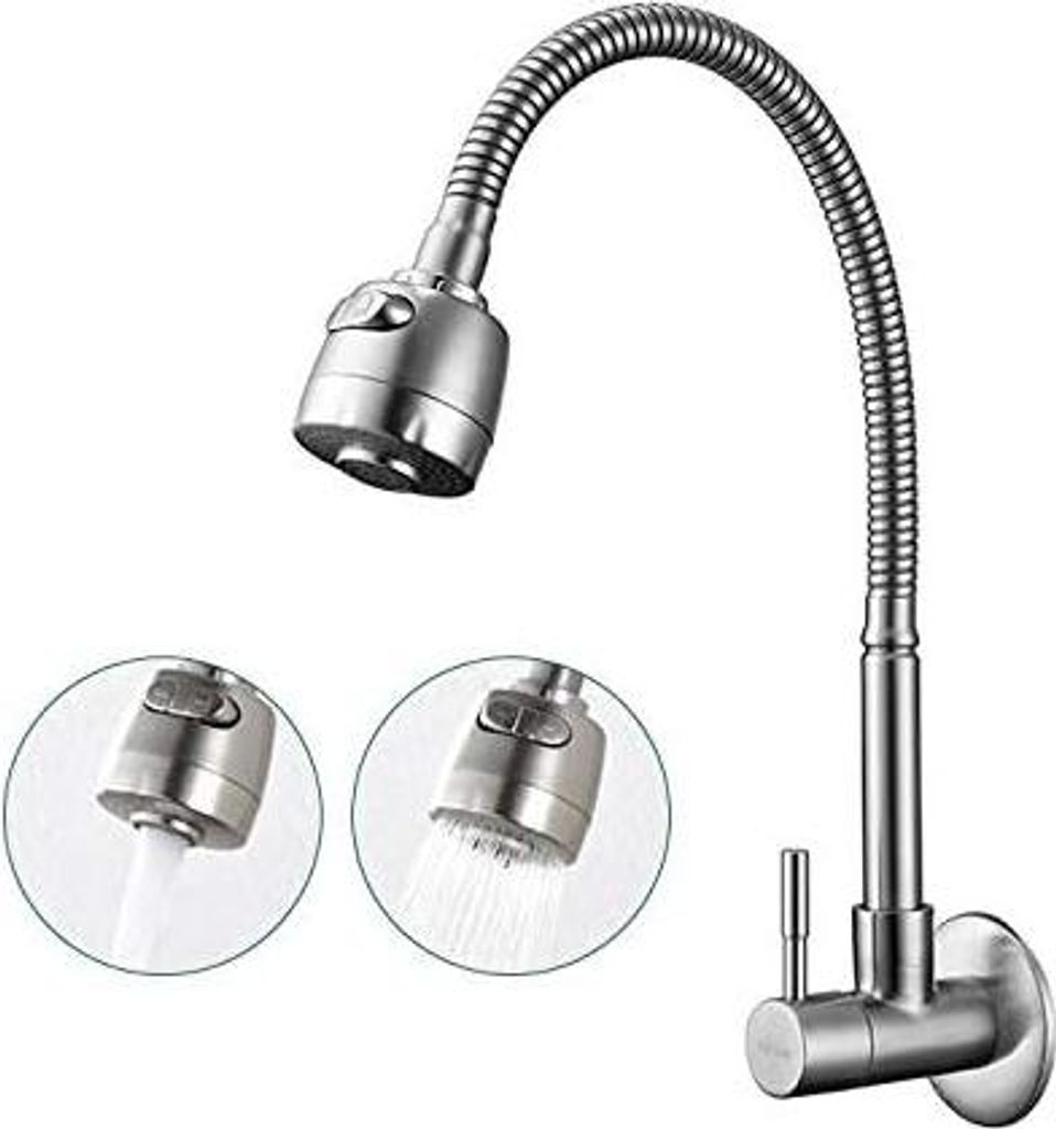 180° drehbarer Küchenarmatur zur Wandmontage mit 2 Funktionen, Einzelkühlung, Kaltwasser-Küchenspültischmischer, Wandarmatur auf gebürsteter ...