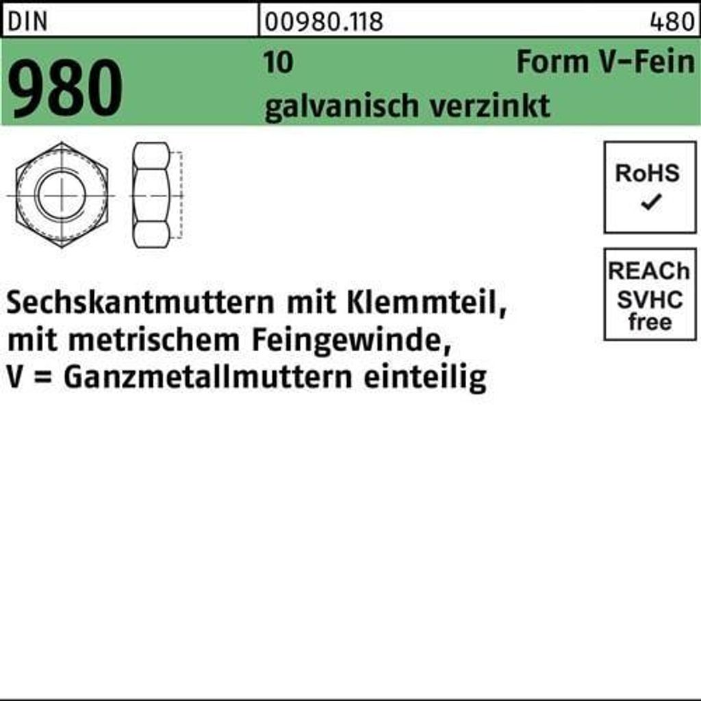 Reyher Sechskantmuttern DIN 980 10 V M 22x1,5 galv. vz (25 Stück)