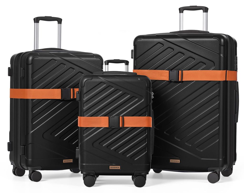 SONGMICS Koffer Set, Hartschalenkoffer mit TSA-Schloss und Koffergurt, erweiterbar, M/L/XL, für Urlaub, 4 Rollen, schwarz