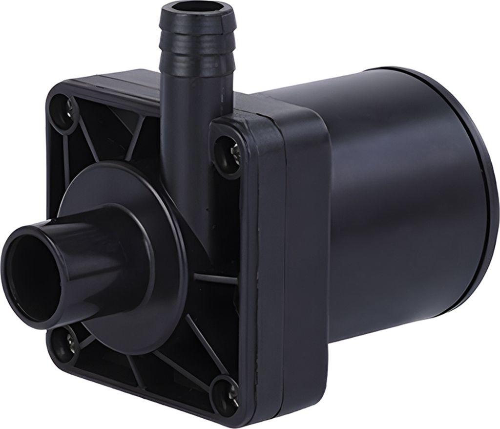 A black DC submersible pump with inlet and outlet nozzles, mounted on a square base with screw holes.