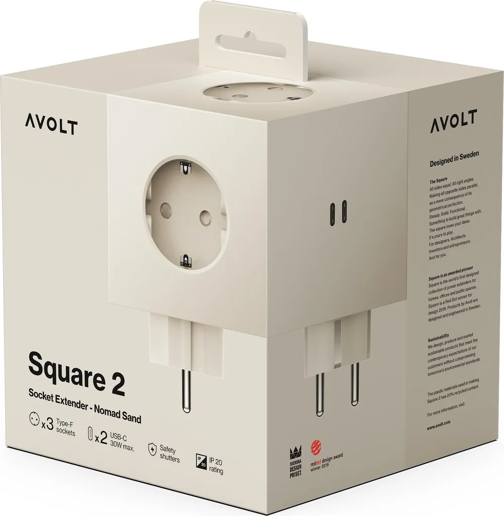 Multiprise murale design AVOLT Square 2 avec double port USB-C