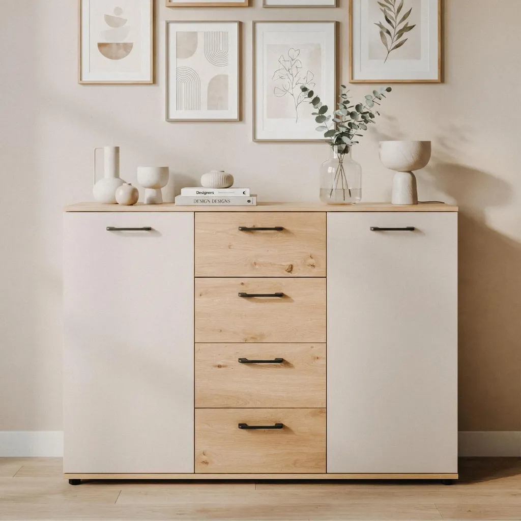 Buffet Bas Compact 120 cm LINO - Solution de Rangement Chêne et Gris - 2
