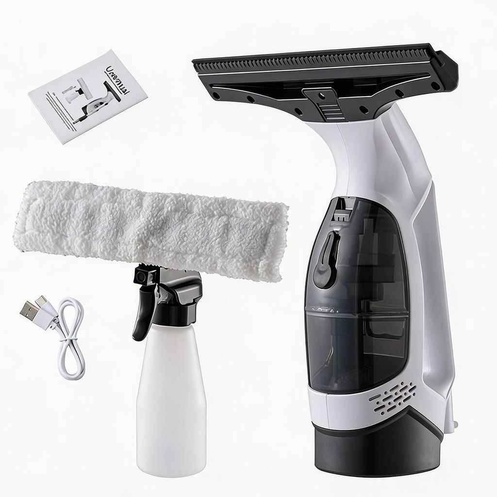 Akku-Fenstersauger mit Sprühflasche und Mikrofaserbuch – Handheld Fensterreiniger elektrisch mit 2000 Pa Saugkraft für Fenster, Spiegel und Fli...