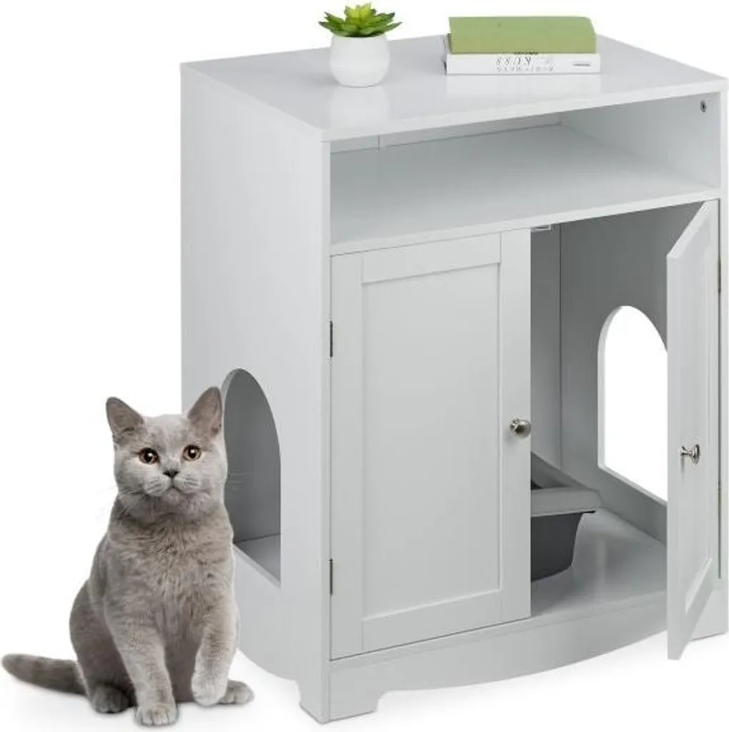 Maison de toilette pour chat blanche style commode avec rangement bois