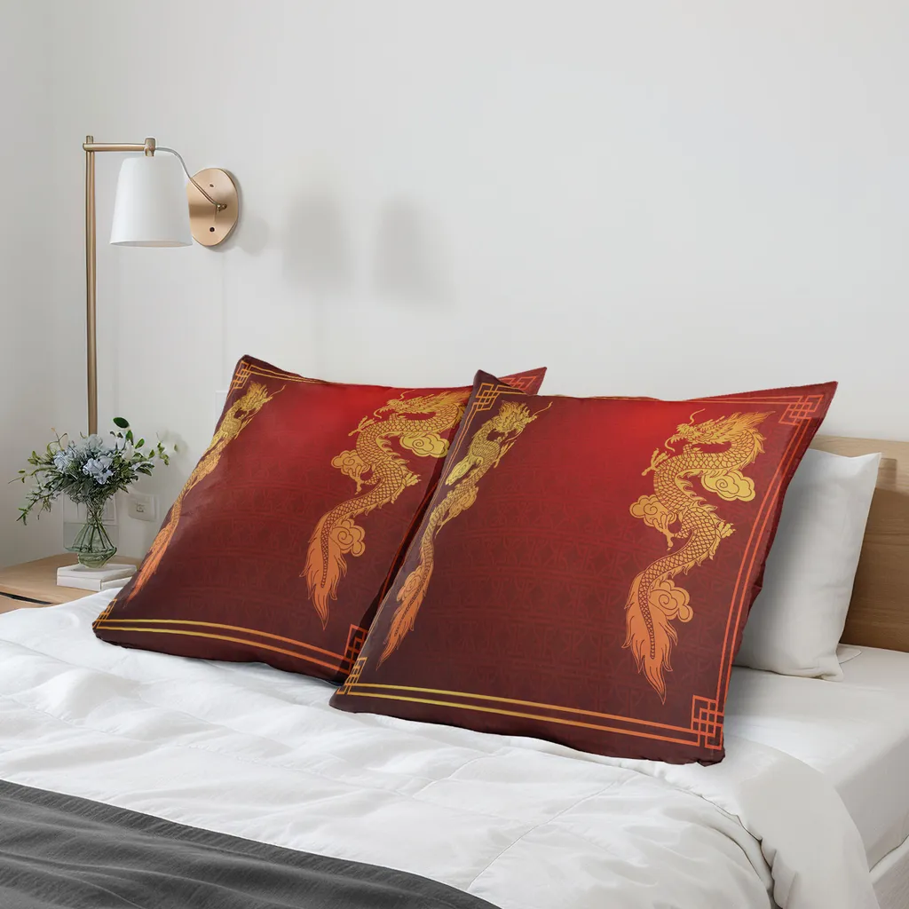 Federe Decorative 80x80 Drago Orientale Arancio Giallo - 2 Pezzi - 2