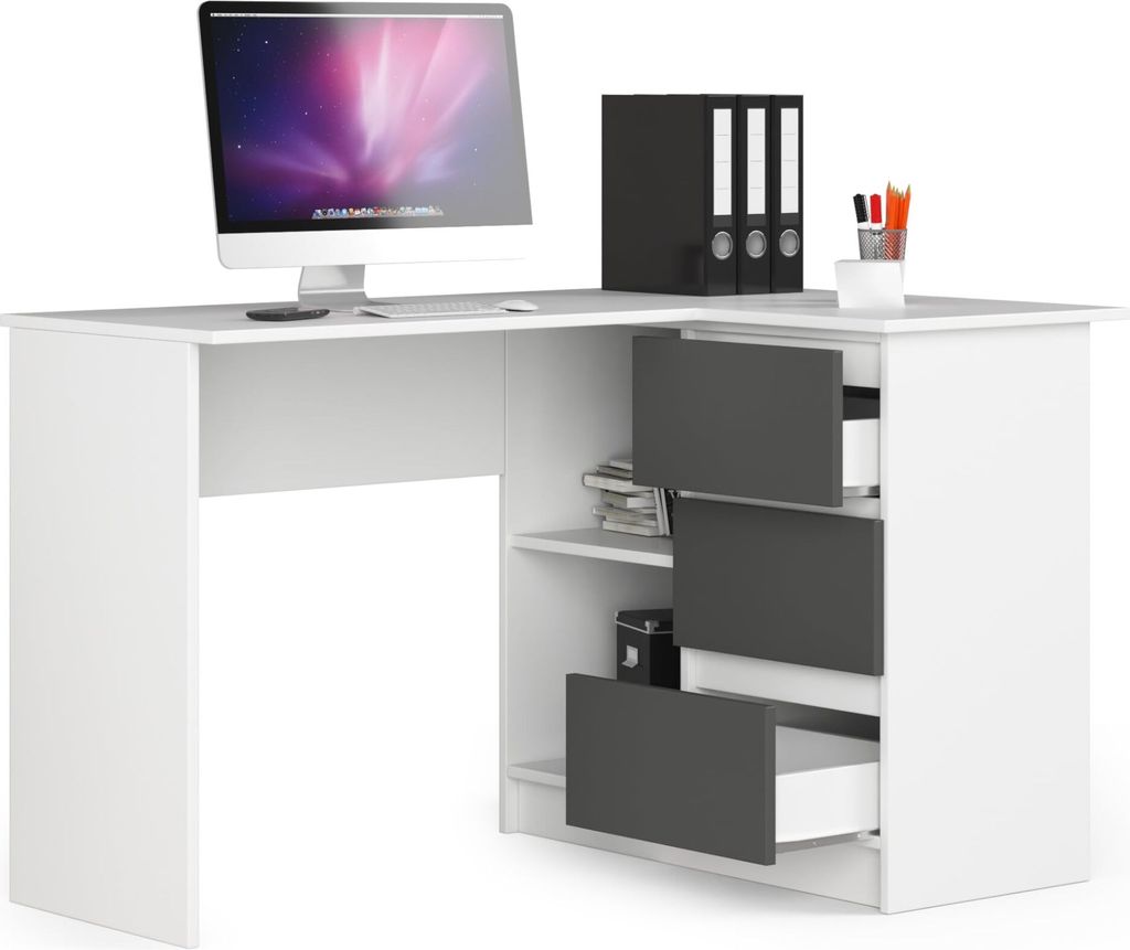 BDW, Eckschreibtisch rechts, 3 Schubladen, 4 Regale, Weiß / grau rechts