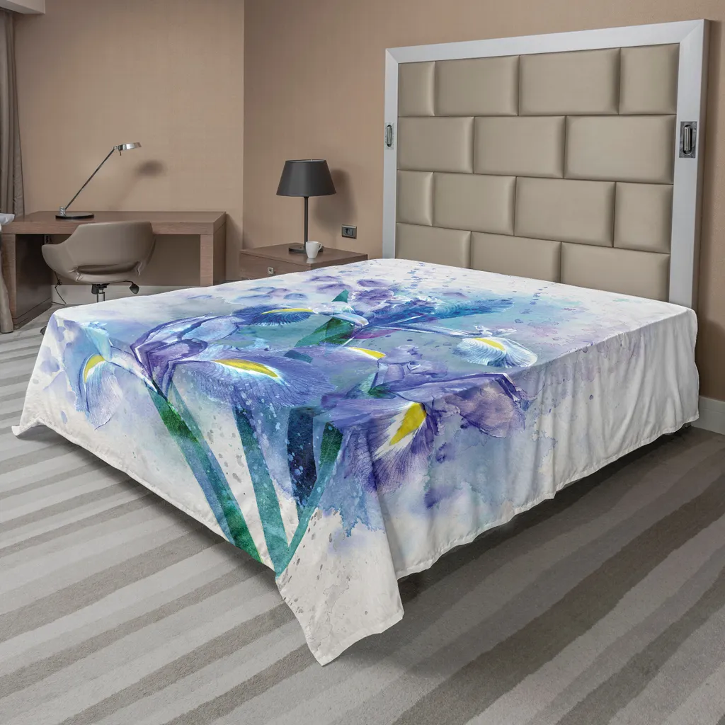 Drap de lit aquarelle fleurs iris soyeux et confortable 266x260 cm