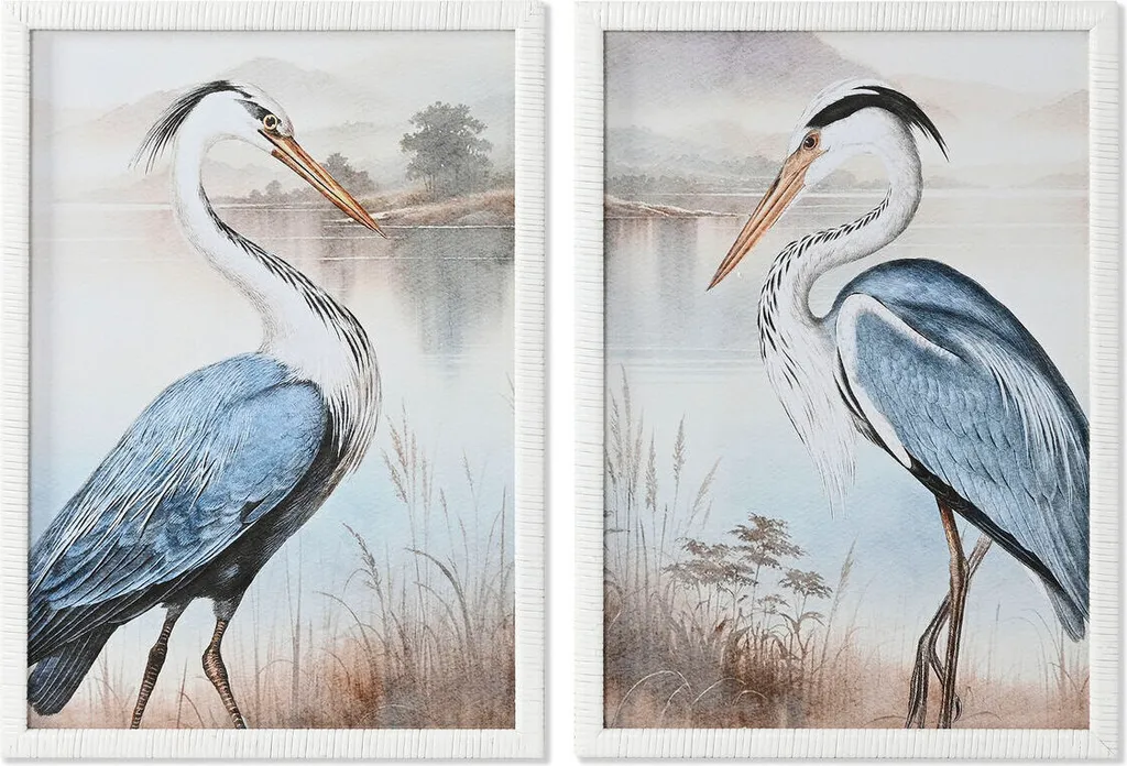 Tableau Home ESPRIT Bleu Blanc Oiseau Oriental 50x70 cm - Lot de 2