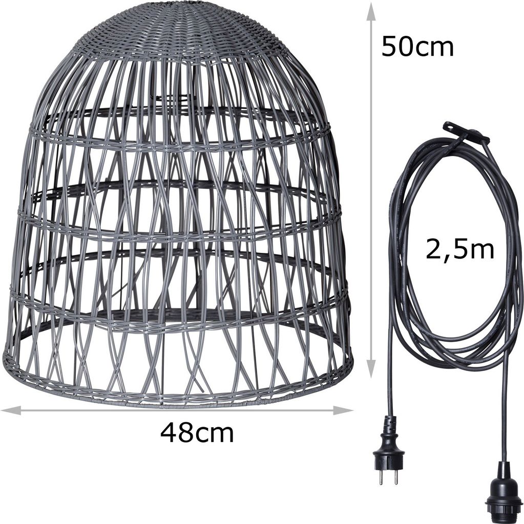 Lampenschirm BELL wetterfest - Rattan-Optik - mit E27 Kabelfassung - D: 48cm/H: 50cm - grau