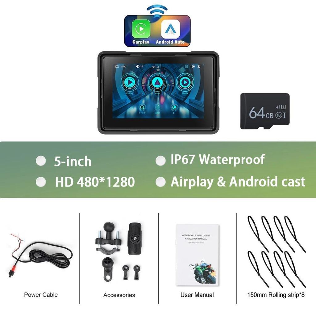 Motorrad GPS-Display - 12,7 cm Touchscreen - Kabelloses CarPlay - Android-System - Rückfahrkamera-Eingang - FM - USB - Wasserdicht - CarPlay Auto Cam
