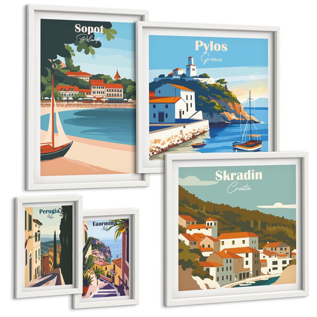 Bilder Set 5-teilig im Goldrahmen Rahmen – Wandbilder 5 Stück – gerahmte Poster für Wohnzimmer, Schlafzimmer und Flur – 50x50 cm - 40x60 cm...