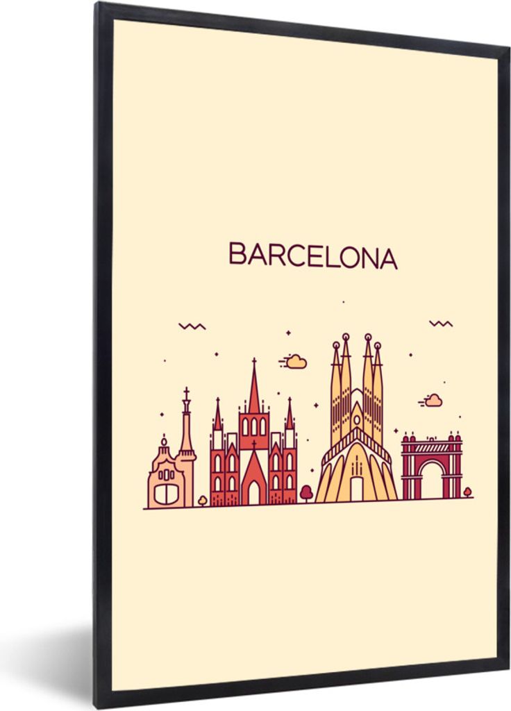 MuchoWow Gerahmtes Poster Barcelona - Skyline - Spanien 60x90 cm - Poster mit Schwarzem Bilderrahmen Wandposter Rahmen Foto Bilder - Kunst