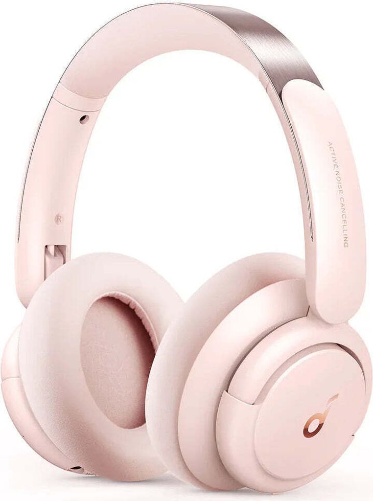 A pair of pink over-ear headphones with rose gold accents, presented on a white background.