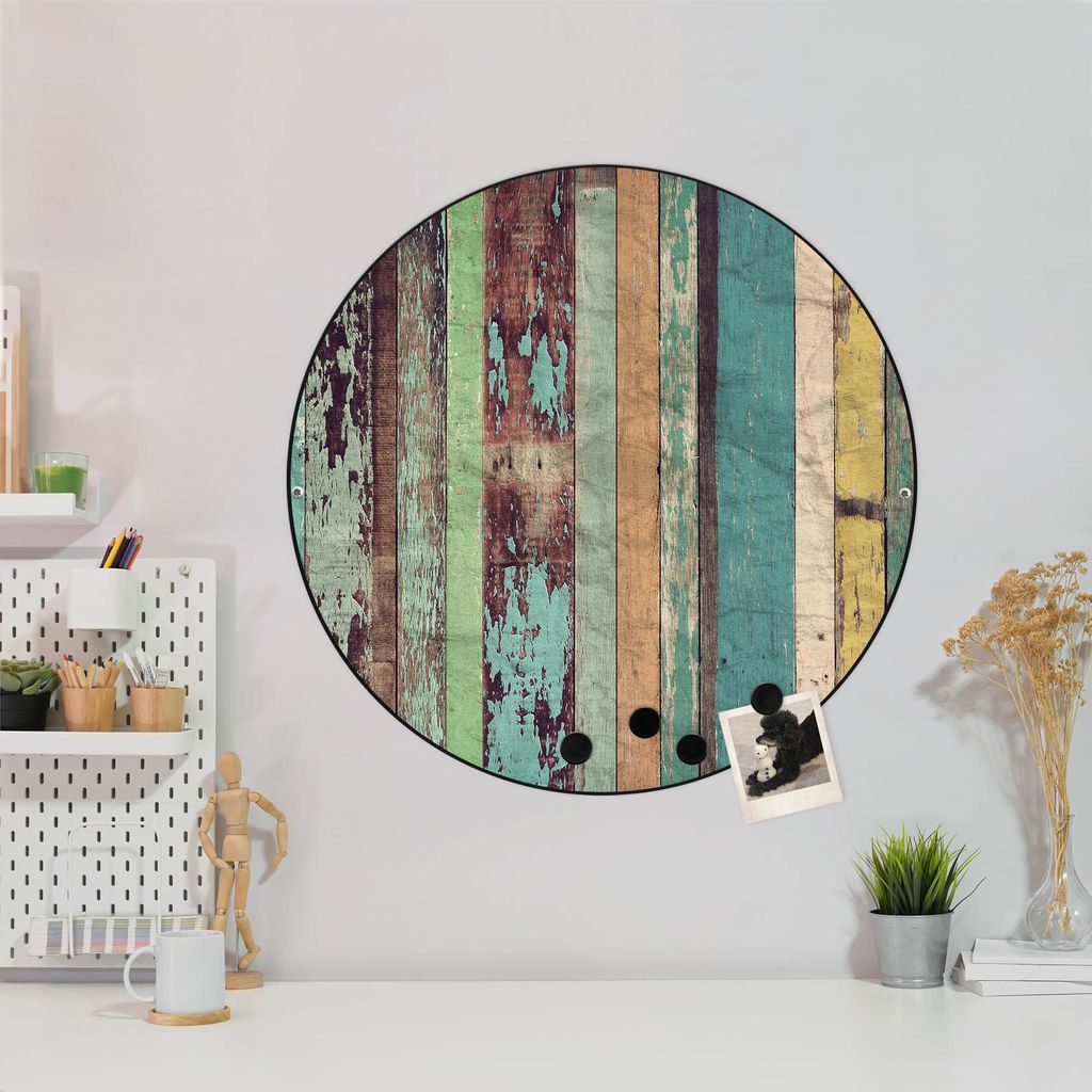 Design Stahlmagnettafel Schwarz Rund 47cm Bunte Bretterwand