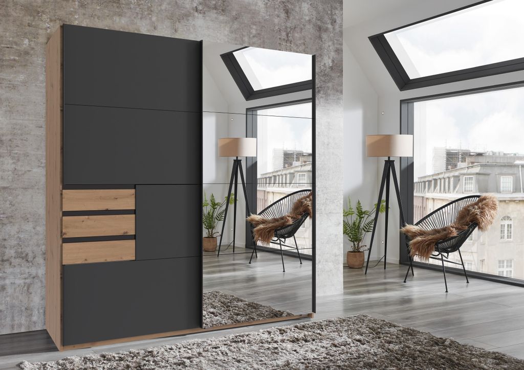 Kleiderschrank Oldenburg in Artisan Eiche mit Spiegeltür und Grafitfront