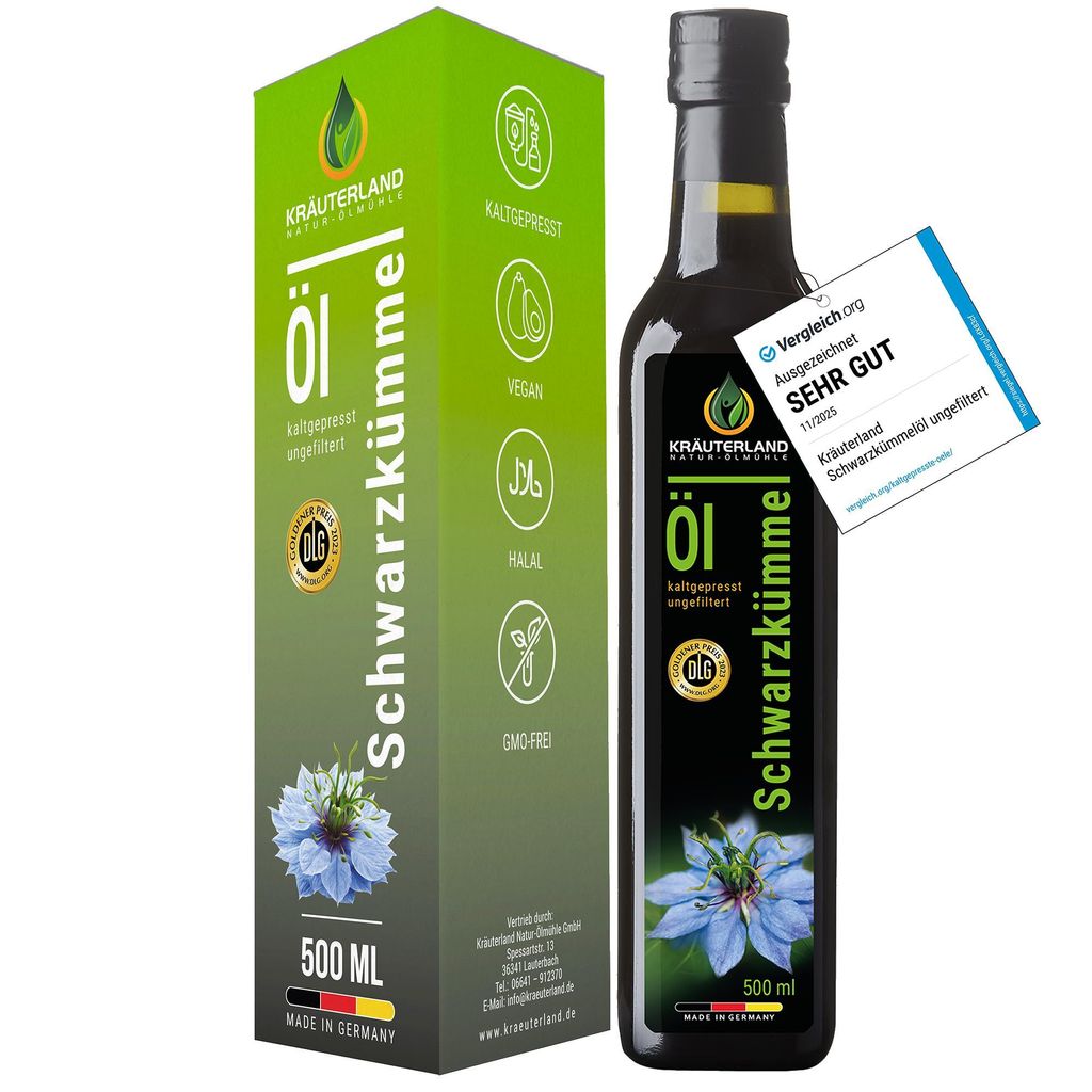 Kräuterland Premium Schwarzkümmelöl, 500ml ungefiltert, Produktbild 