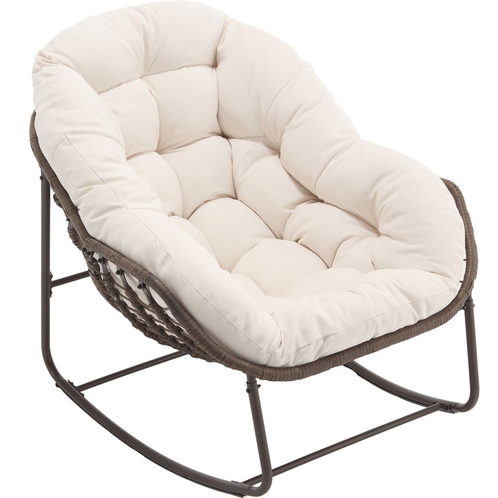 LVHOM Schaukelsessel Garten mit gepolstertem Kissen, Rattanstuhl mit Stahlrahmen, Schaukelstuhl Outdoor Loungesessel, Sessel für Balkon, Creme-Weiß
