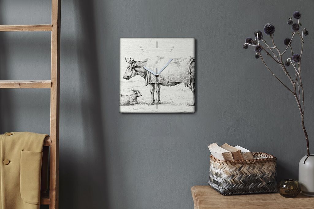 Coloray Hodiny Unikátní 30x30 cm Tiché hodiny Pro obývací pokoj a kuchyň Nástěnné hodiny Plátno Bílé ručičky hodin - Animal Cow tele