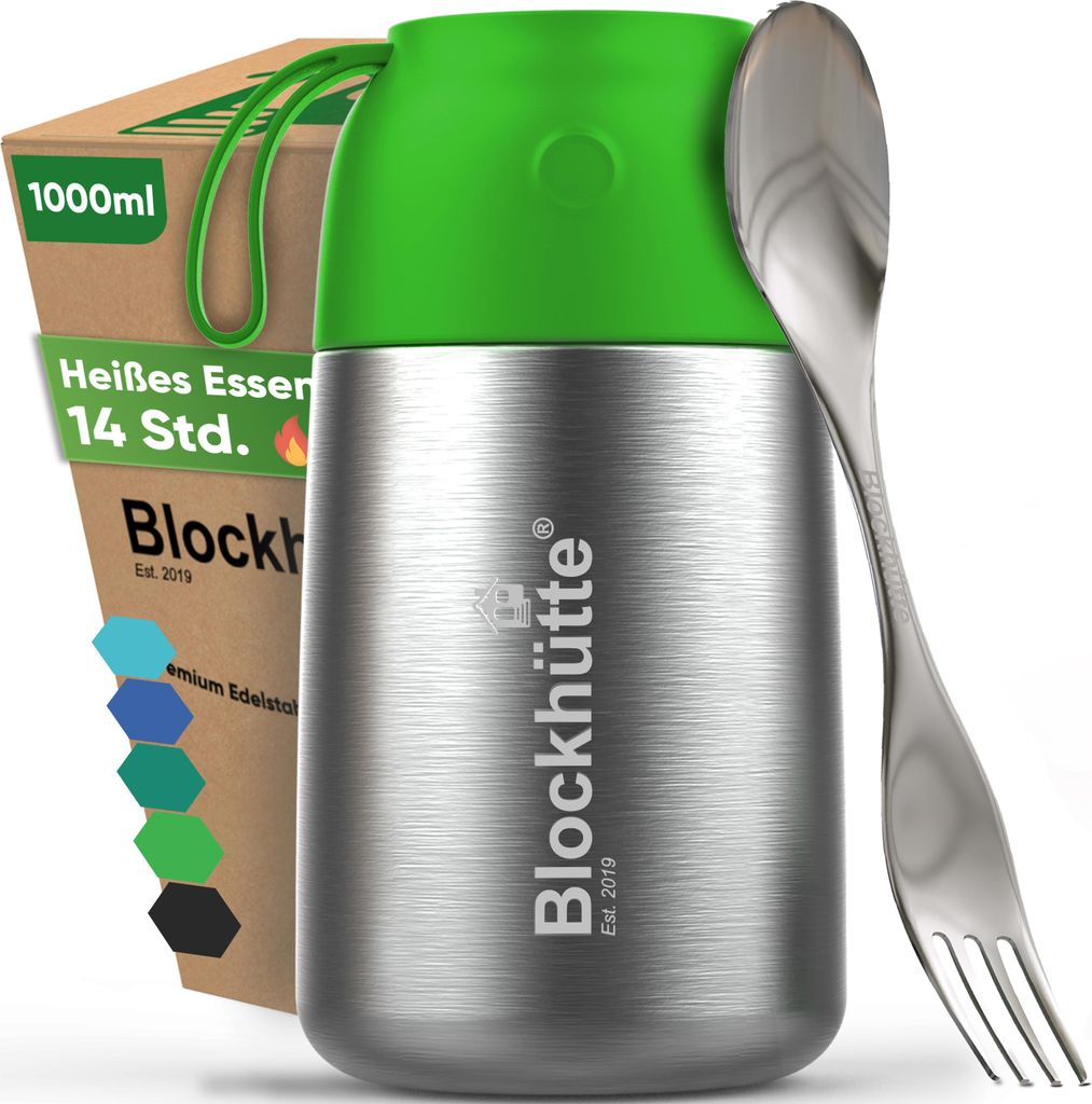 Blockhütte Thermobehälter für Essen 1000 ml Hellgrün | Edelstahl Warmhaltebehälter Auslaufsicher, Meal Prep Thermo Lunchbox mit Göffel, 14h H...