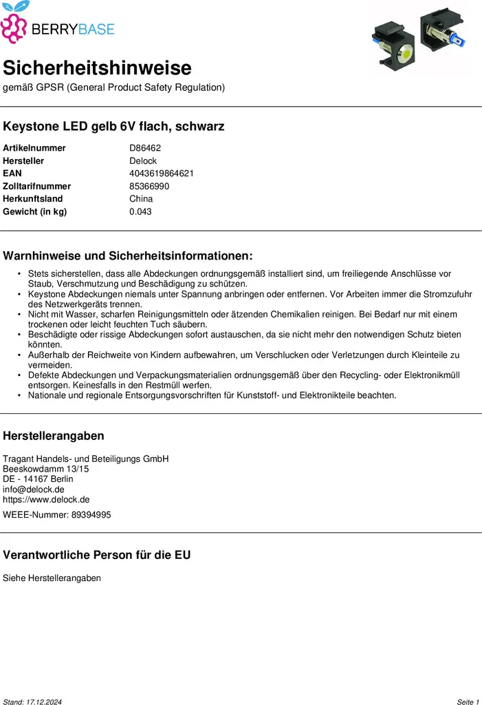Module Keystone LED jaune 6V pour panneau de brassage - Finition Noir - 2