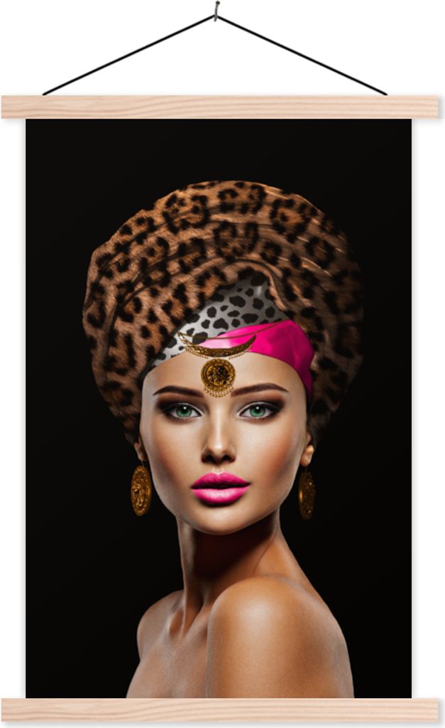 MuchoWow Textilposter Frau - Bunt - Accessoires 120x180 cm mit holzfarbenen Rahmen - Textil-Plakat