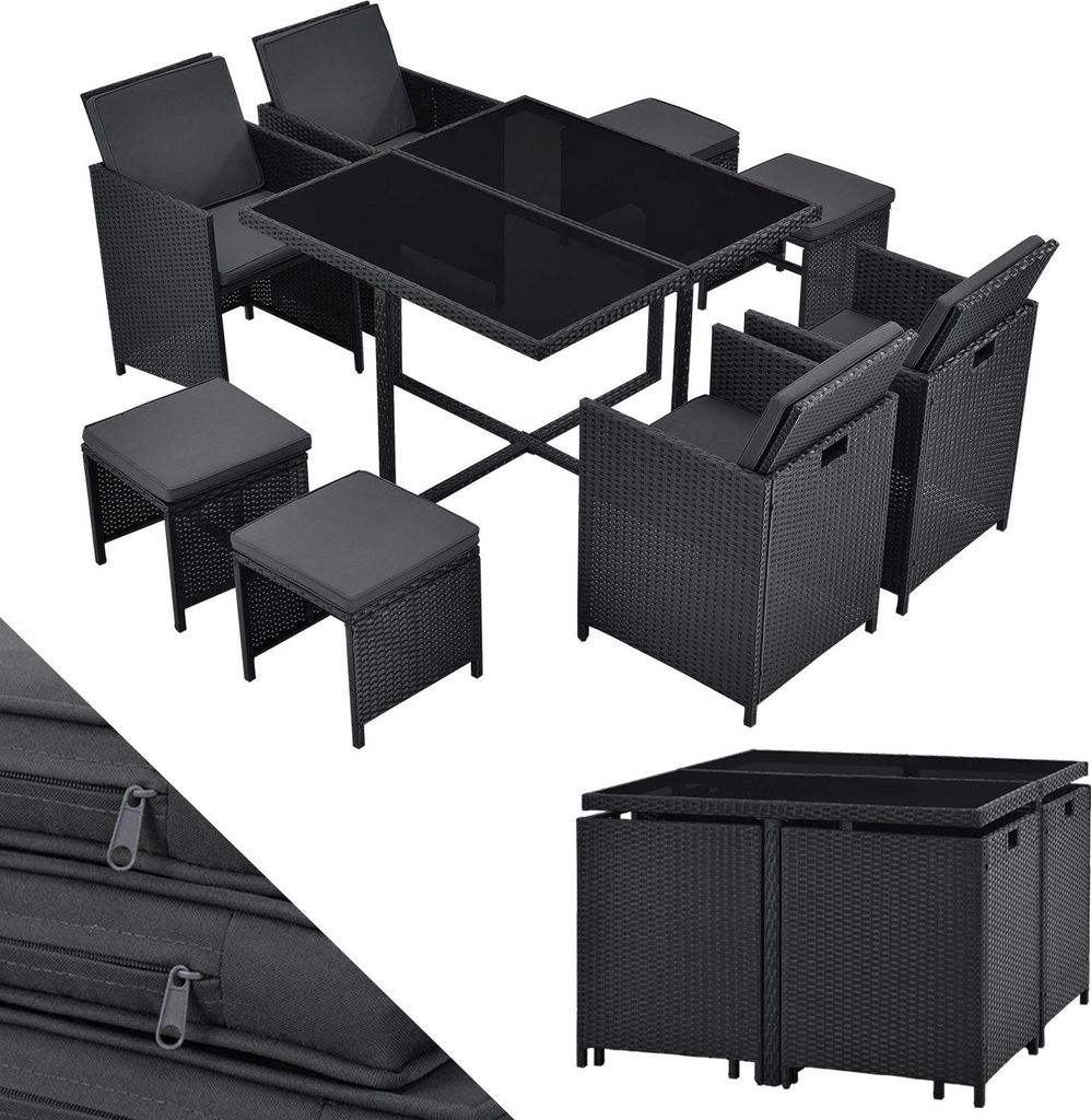 Juskys Polyrattan Sitzgruppe Baracoa L 9-teilig wetterfest & stapelbar – Gartenmöbel Set mit 4 Stühle, 4 Hocker & Tisch für Garten & Terrasse