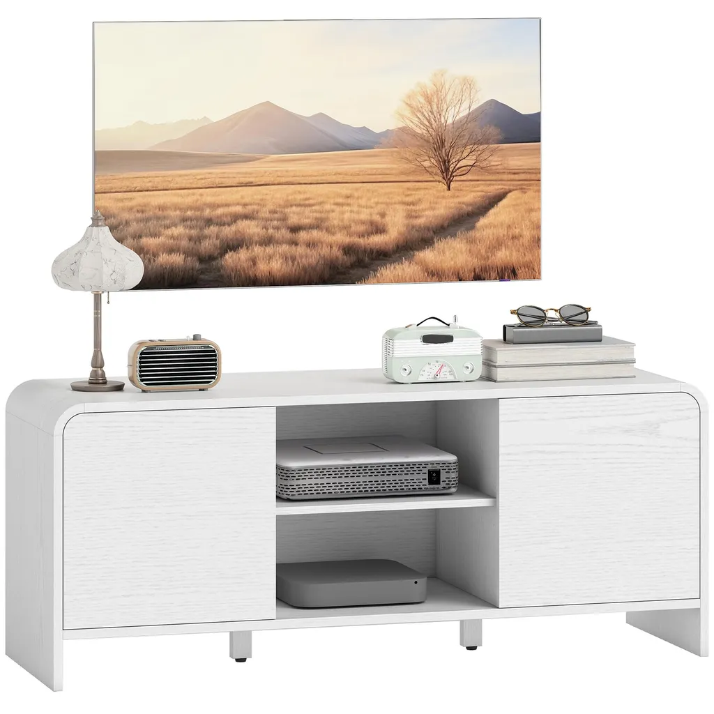 Meuble TV Blanc Anti-Désordre avec Rangement Fermé pour Salon Zen