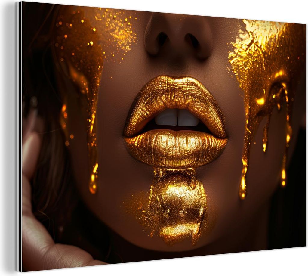 MuchoWow Wanddekoration Metall Metallbild Wandkunst 150x100 cm Frau - Gold - Gesicht - Farbe - Lippen MuchoWow Aluminium Gemälde - Alu Dibond Bild