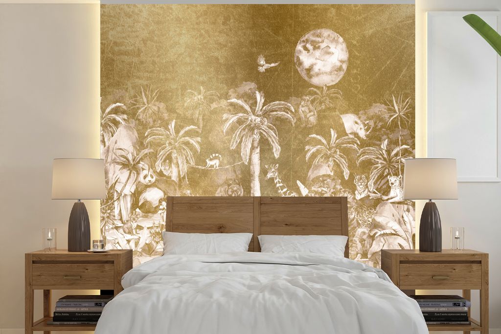 MuchoWow Fototapete für Wohnzimmer oder Schlafzimmer Wandtapete Vinyl Motivtapete Dschungel - Gold - Kinder - Pflanzen - Tiere - 300x300 cm - Ki...