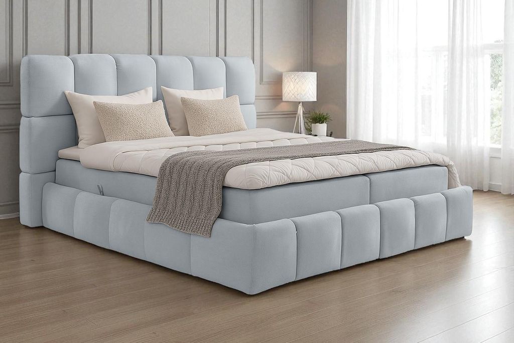 KSHOMECONCEPT Boxspringbetten AURA mit Bonell Matratze H3 und Topper, Zwei Bettkasten 140x200 cm, Grau