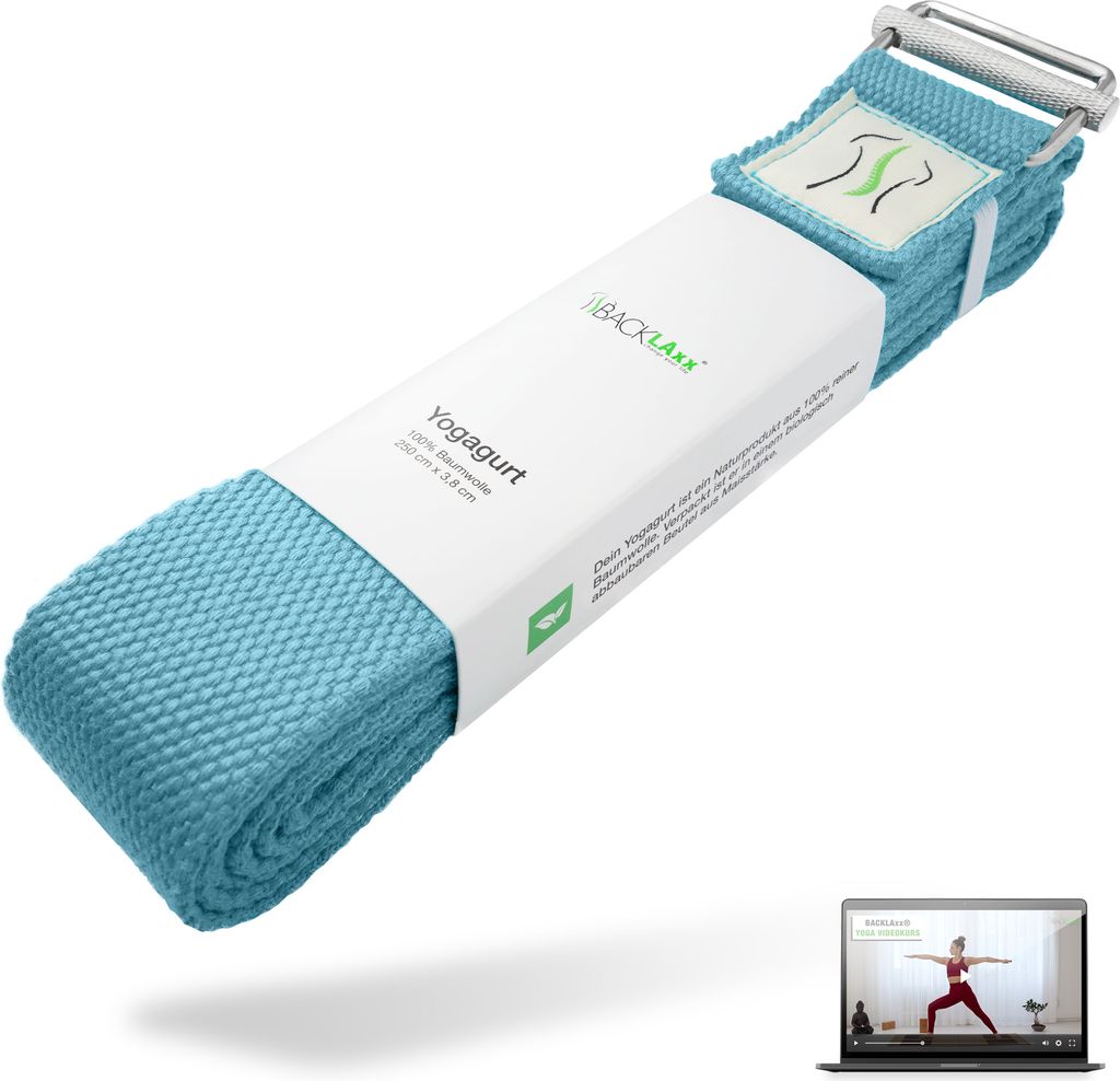BACKLAxx Yoga Gurt Baumwolle inkl. Anwendungsvideos - Nachhaltiges Yoga Band 250 cm lang mit praktischem Verschluss aus Metall - Ideal zum Yoga, ...