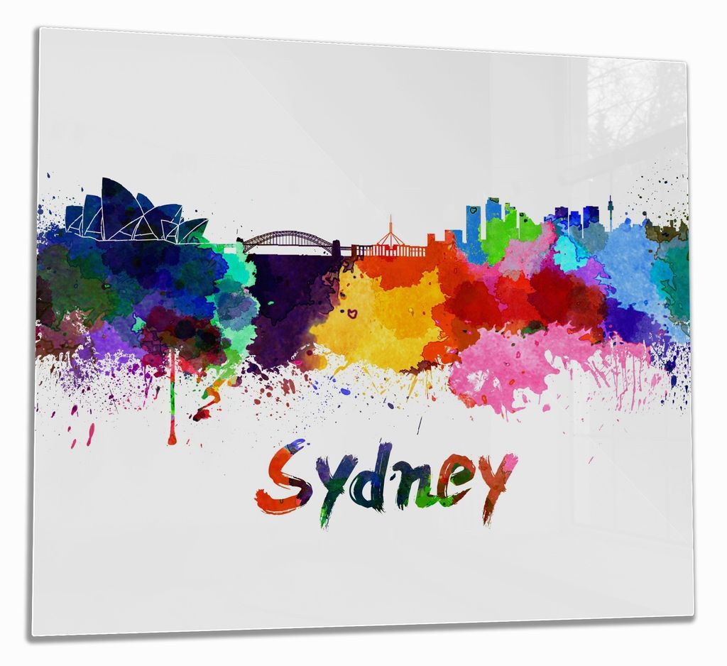 Wallario Herdabdeckplatte aus Glas, Größe 60 x 52 cm 1-teilig, Motiv Städte als Aquarell - Skyline von Sydney