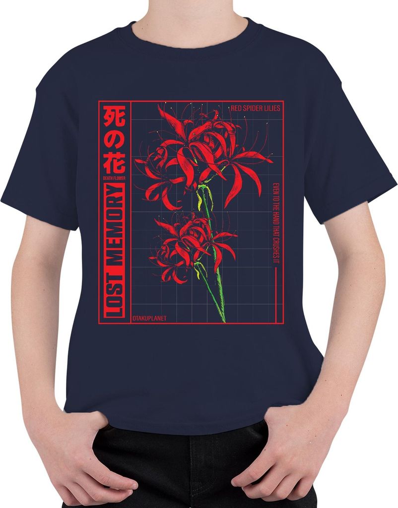 Rote Spinnenlilie LOST MEMORY japanische Blume Anime Otaku Ästhetik Uni Kinder T-Shirt, Navy, 128