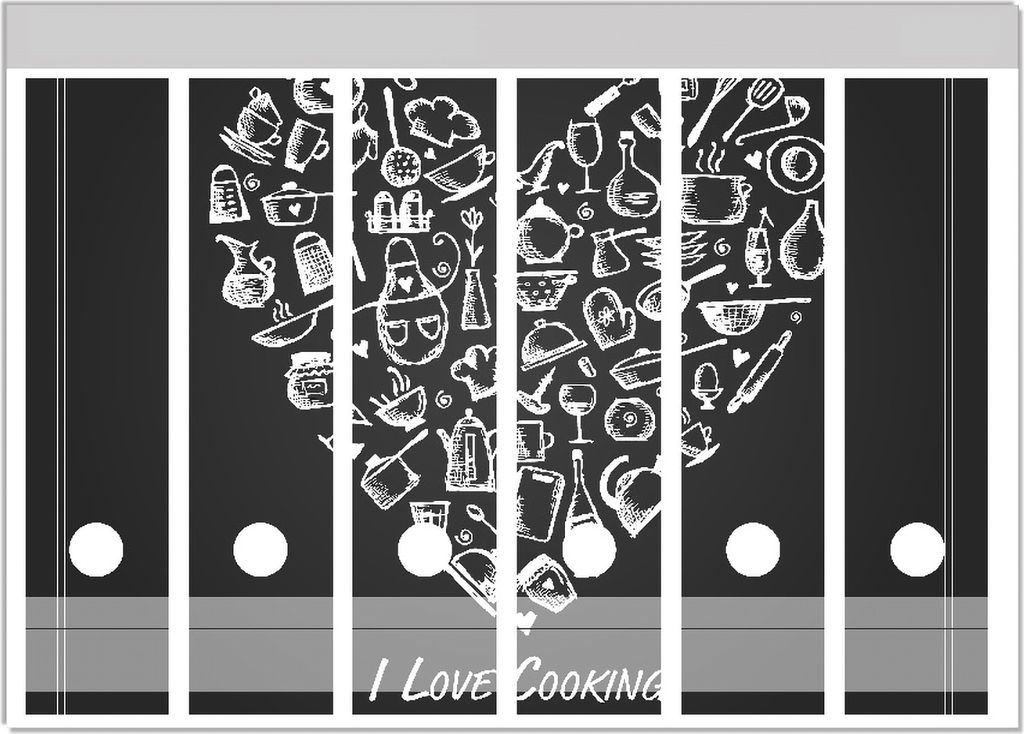 Wallario Ordnerrücken Sticker, selbstklebend für breite Ordner, 6 Stück, Motiv I Love Cooking - Herz aus Küchenutensilien in schwarz weiß
