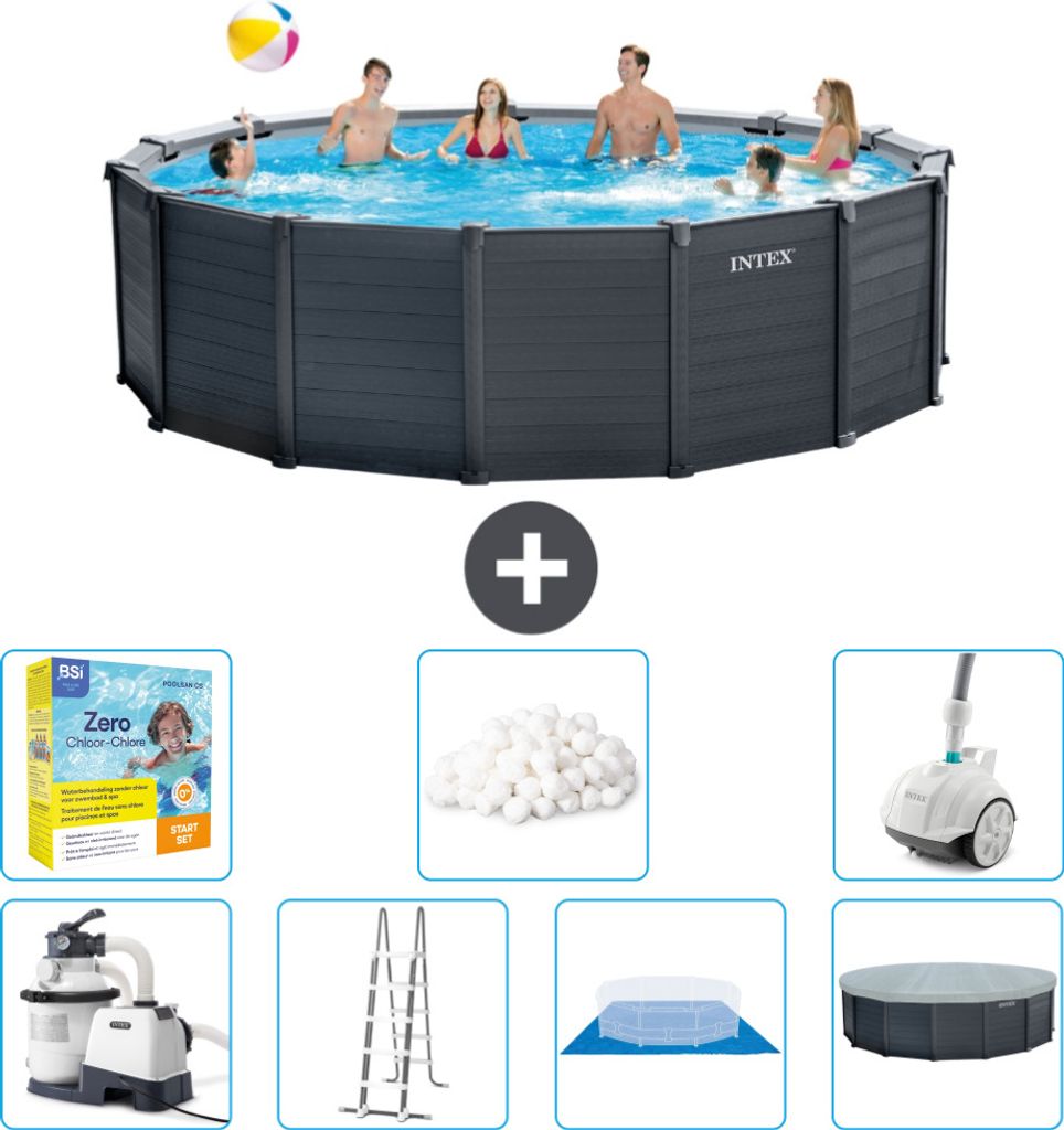 Intex runder Pool mit graphitgrauem Paneel – 478 x 124 cm – inklusive Pumpe – Leiter – Bodenplane – Abdeckung Wartungspaket - Filterbäll...