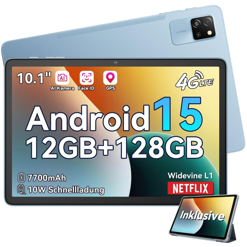 Blackview Tab 60 Pro 10" Blau Tablet Dual 4G SIM, Android 15, 12GB RAM + 128GB ROM/2TB, Unisoc T606 Octa-core, incl.Hülle