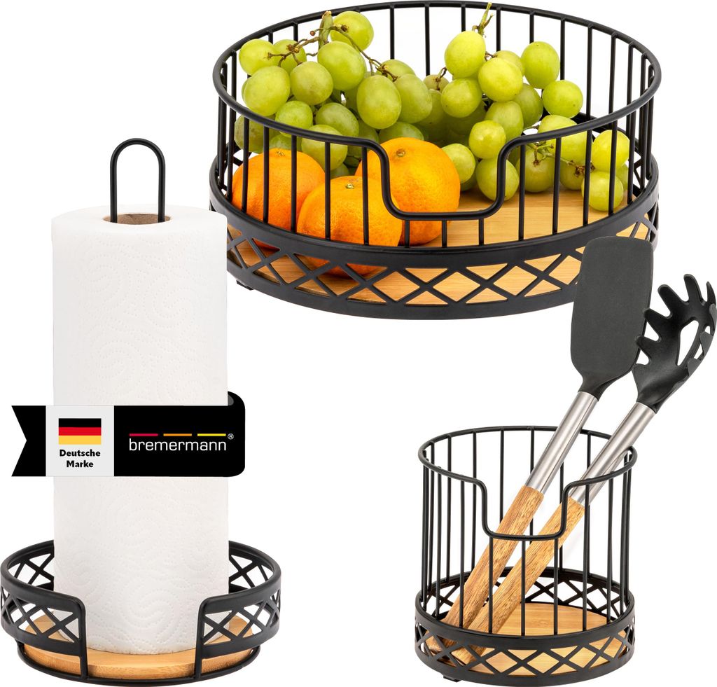 bremermann Küchenutensilien 3er Set, 1x Küchenrollenhalter, 1x Utensilienhalter und 1x Obstkorb, aus Bambus und Metall