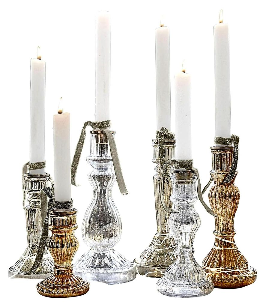 Kerzenständer Set mit 6 Stück Quirène, Mundgeblasen, Sechs Einzigartige Designs, Bauernsilber-Finish und Klarglas, Kerzenhalter, Dekoration, Eis...