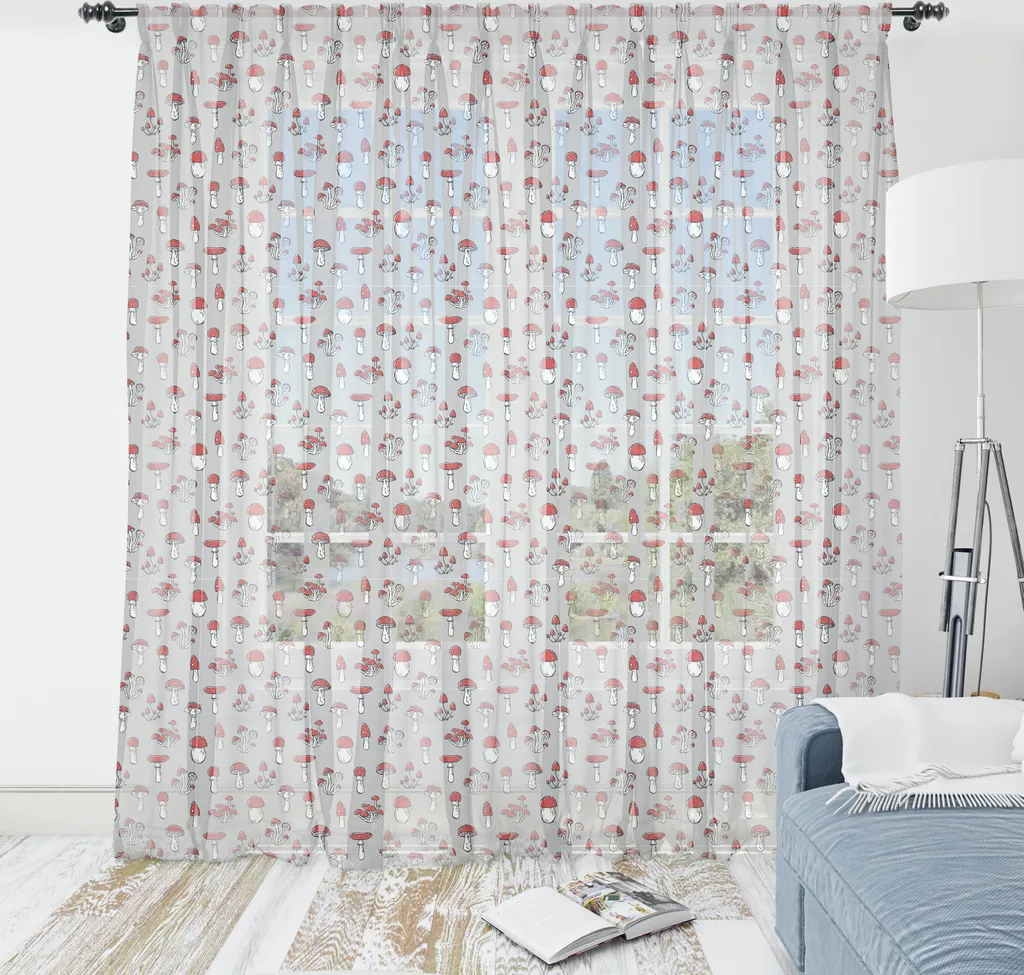 Tenture Pilz satinée taupe et rouge vermillon avec motif amanite chic