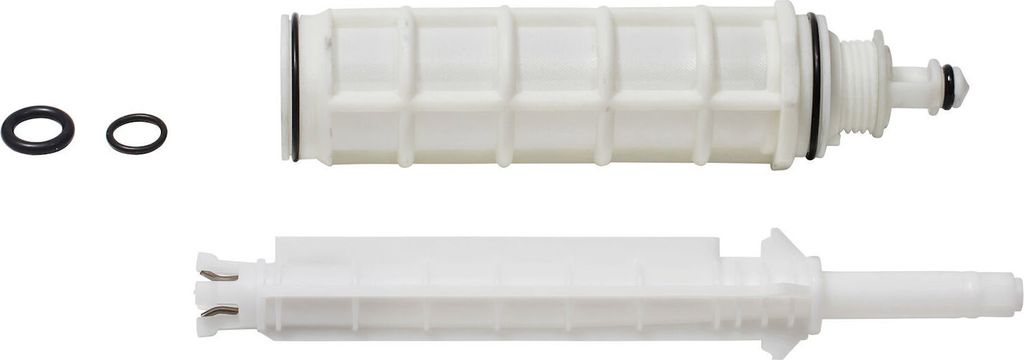 Two white plastic filter components and two black O-rings are shown against a white background.