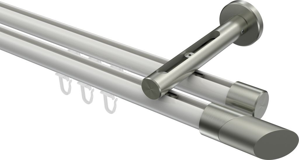 Interdeco Innenlaufstange / Gardinenstange mit Innenlauf Weiß / Edelstahl-Optik, Typ Siteno Verano (Schräge Bicolor), 20 mm Ø 2-läufig, 180 cm