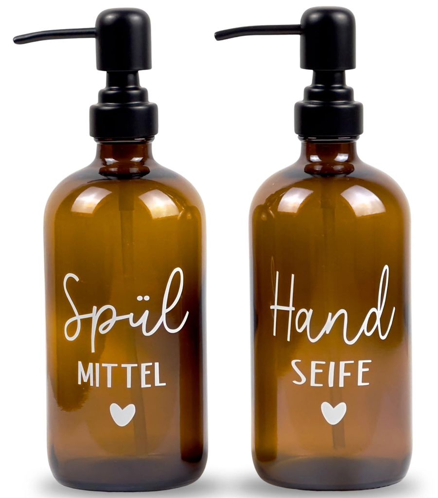 Seifenspender aus Glas, 500 ml - Spülmittelspender für Küche und Bad, Seifenspender, schwarzer Pumpspender (Spülmittel + Handseife mit Metallau...