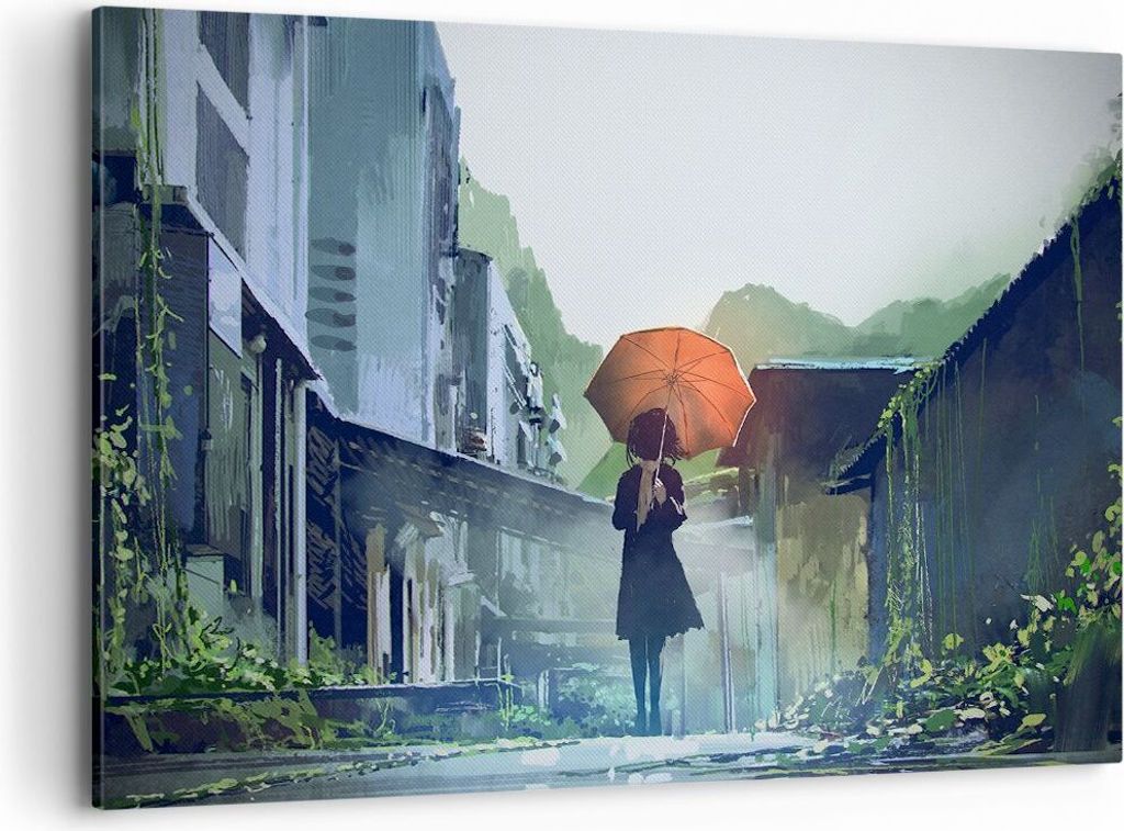 Bild auf Leinwand - Leinwandbild - Frau Straße Haus - 120x80cm - Wand Bild - Wanddeko - Wandbilder - Leinwanddruck - Bilder - Kunstdruck - Wanddek...