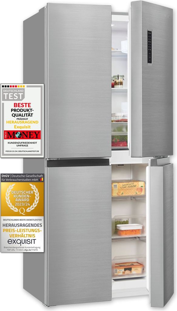 A silver refrigerator with its doors open, displaying food items inside. Several award badges are overlaid on the left side of the image.