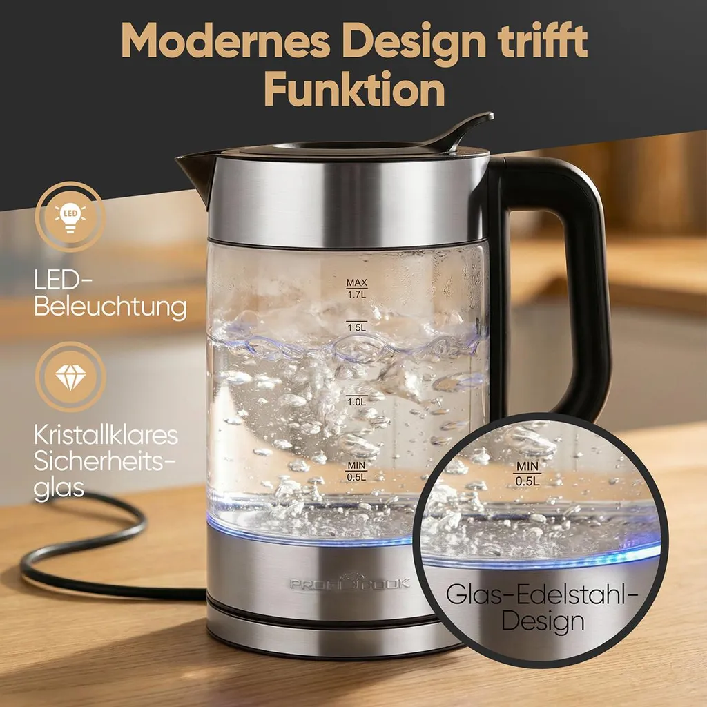 Bouilloire électrique design en verre 1,7L Profi Cook PC-WKS 1322 - 3
